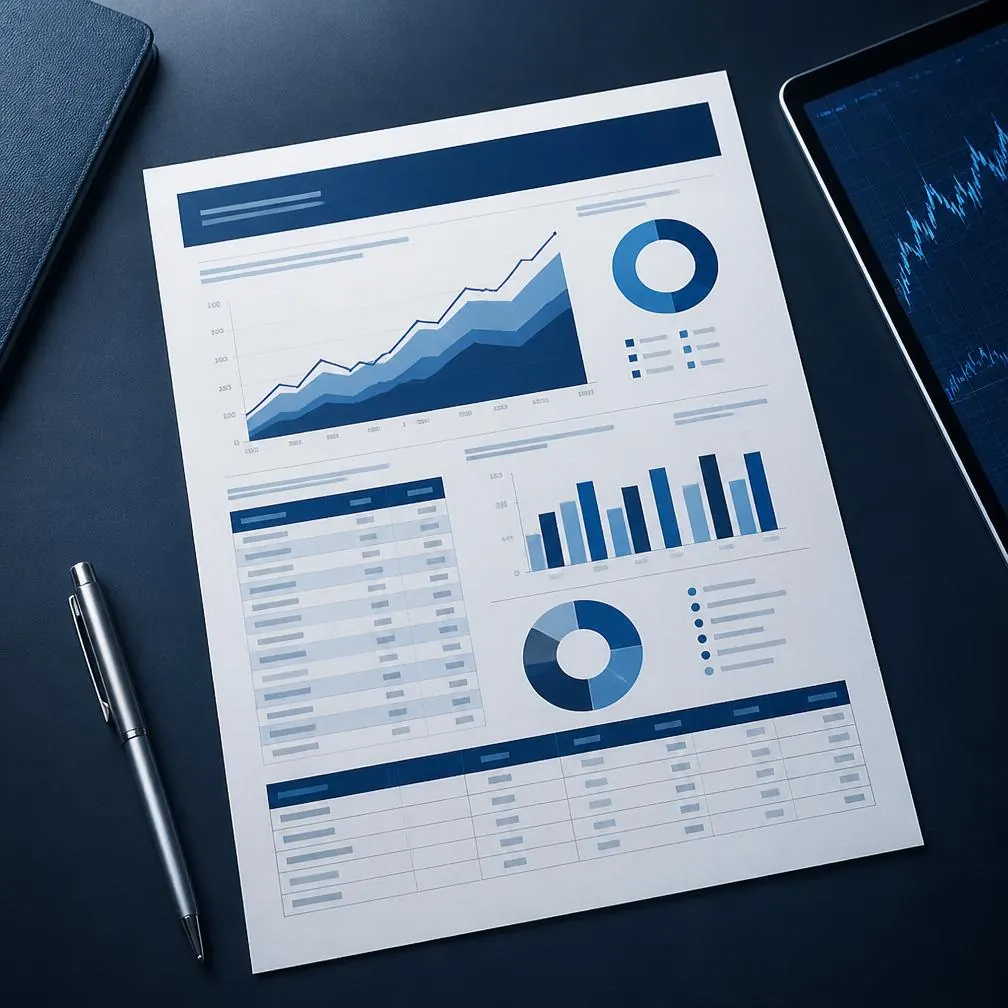 Relatório de performance financeira da rede impresso sobre mesa, ao lado de um tablet com gráficos