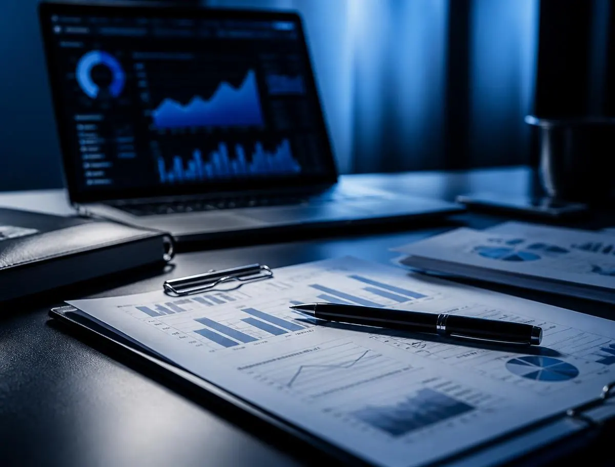 Relatórios financeiros impressos e painel de indicadores sobre mesa executiva